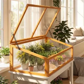 37" X 25' X 16' Wooden Cold Frame Greenhouse With Adjustable Polycarbonate Roof, Portable Mini Hot House For Extending Growing Season (Option: defaulttitle)